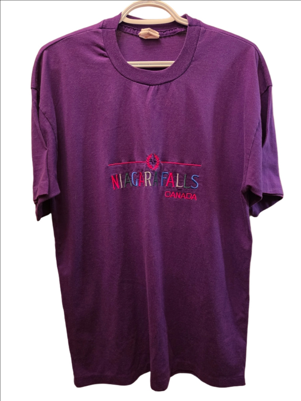 Vintage Niagara Falls Canada Purple Embroidered Single Stitch T-Shirt L